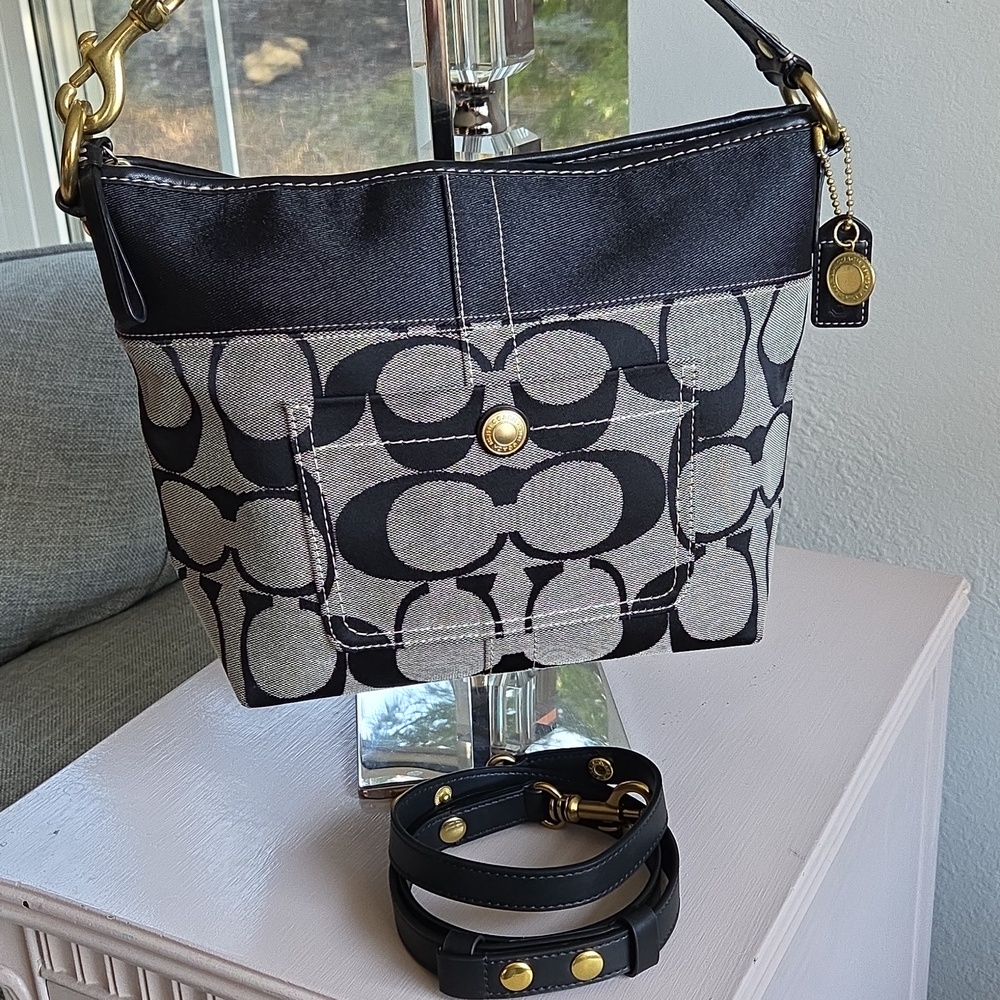 COACH 65th Anniver. Black & Gray Signature Jacquard Canvas/Denim Crossbody Bag